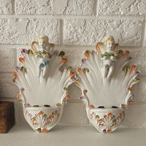 Vtg 1960 Bassano Ceramic Wall Sconce Made In ITALY,Angels Flowers